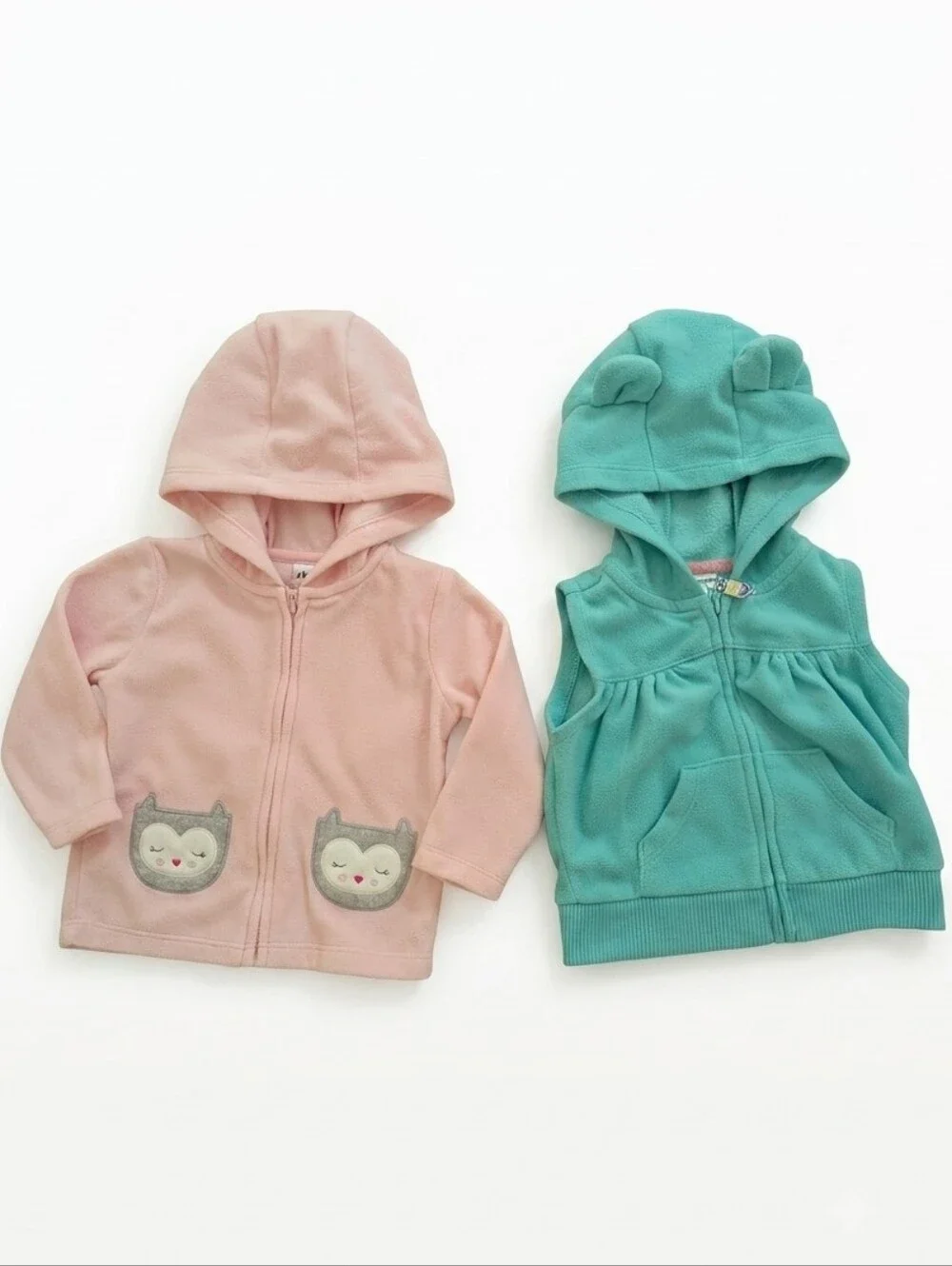Carter's Girl's Fleece Bundle Pink Hooded Zip Jacket & Teal Hooded Vest 3 Months
